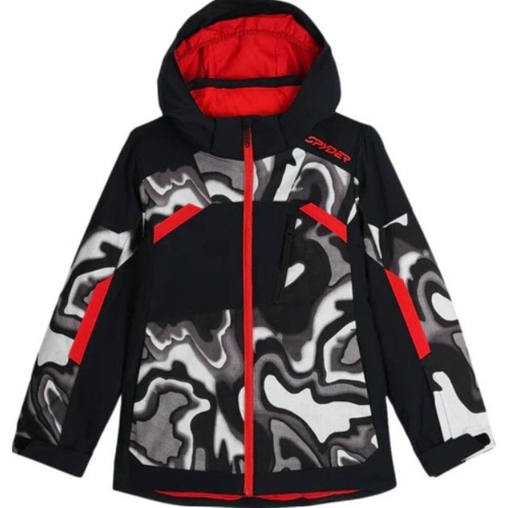 Spyder Leader Jacket Boys Youth Size 14 Ski winter Snow Black Red Hood New